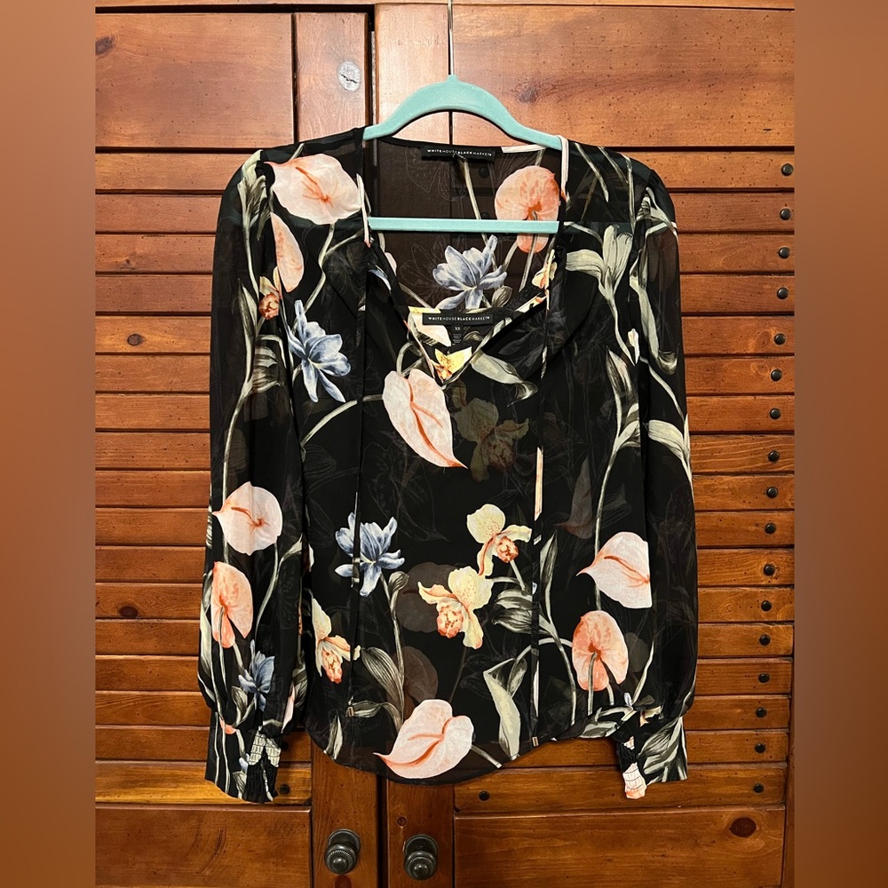 White House Black Market Black Floral Sheer Tie Neck Long Sleeve Blouse Sz XS